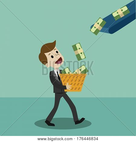 Businessman put money in a basket. Business has a profit.