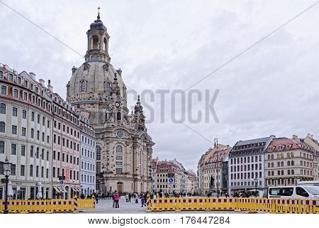 DresdenGermany-January 42017: Frauenkirche is a Lutheran church. It was erected on (1670-1733).Tourists visiting the sights
