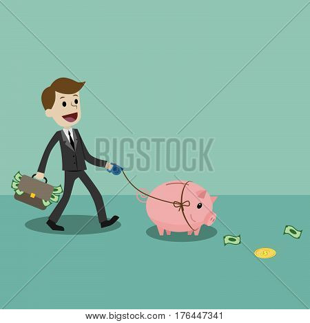 Finance and relationships concept. Businessman with a pig bank. Businessman putting coin into the piggy banks