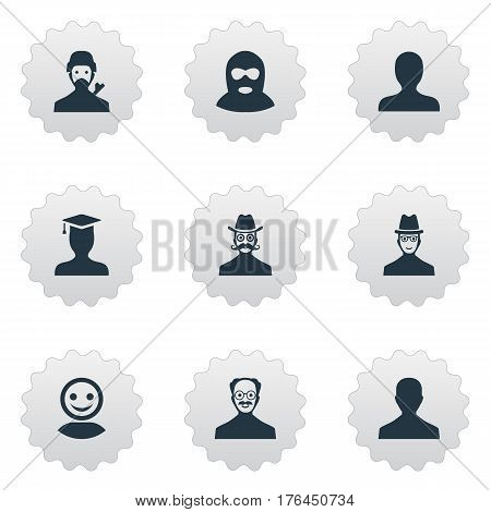 Vector Illustration Set Of Simple Avatar Icons. Elements Male User, Portrait, Moustache Man And Other Synonyms Mustaches, Culprit And Hat.