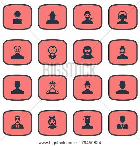 Vector Illustration Set Of Simple Member Icons. Elements Felon, Girl Face, Male User And Other Synonyms Mustaches, User And Security.