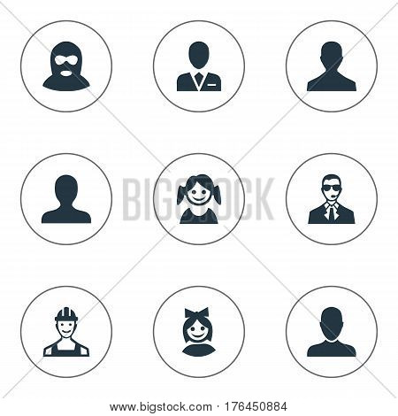 Vector Illustration Set Of Simple Member Icons. Elements Girl Face, Felon, Proletarian And Other Synonyms Man, Small And Male.