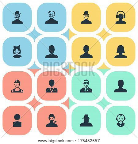 Vector Illustration Set Of Simple Human Icons. Elements Proletarian, Agent, Bodyguard And Other Synonyms Workman, Mysterious And Avatar.