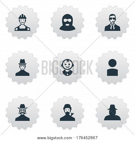 Vector Illustration Set Of Simple Human Icons. Elements Moustache Man, Proletarian, Bodyguard And Other Synonyms Bodyguard, Little And Agent.