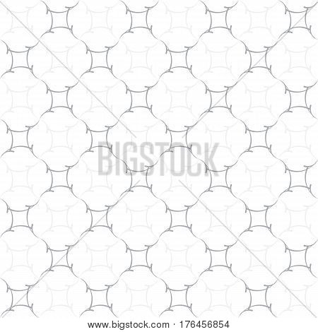 Regular trellis pattern of curved calligraphic strokes. Neutral white and grey ornamental background. Vector seamless repeat.