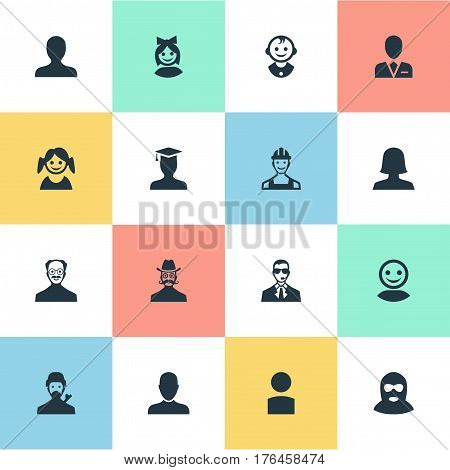 Vector Illustration Set Of Simple Member Icons. Elements Proletarian, Felon, Girl Face And Other Synonyms Worker, Face And Internet.