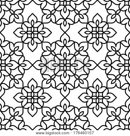 Black and white background. Regular pattern with Moroccan-styled floral elements. Vector seamless repeat.
