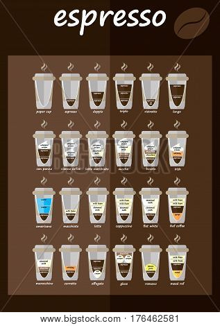 The coffee drinks infographics set elements. A visual reference for ingredient ratios. Vector illustration.
