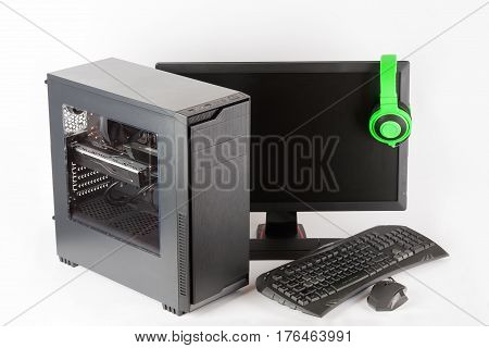 Midi Tower Computer Case With Led Monitor On White Background.