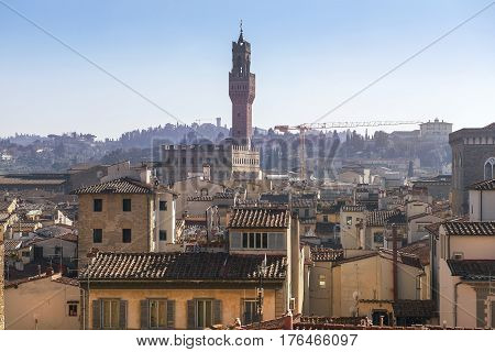view of the old Florence from the height of the Giotto's bell tower ( Giotto's Campanile ) in Florence, Italy