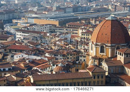 view of the old Florence from the height of the Giotto's bell tower ( Giotto's Campanile ) in Florence, Italy