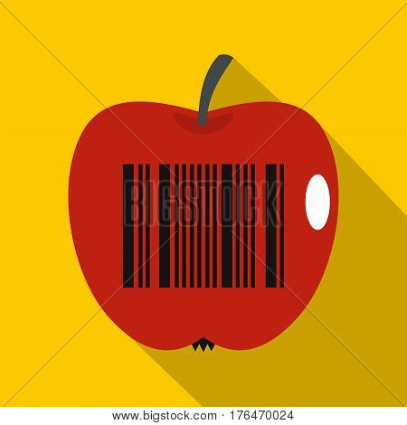 Red apple with barcode icon. Flat illustration of red apple with barcode vector icon for web isolated on yellow background