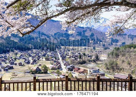 Shirakawa-go, Japan - April 25, 2014: View of Minshuku Koemon exterior in the morning. Minshuku are a budget version of ryokan (traditional Japanese inn), equivalent to a bed and breakfast
