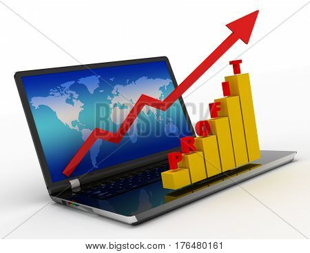 Profit concept arrow and business growth chart on laptop. 3D