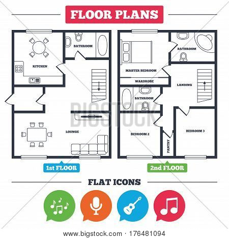 Architecture plan with furniture. House floor plan. Music icons. Microphone karaoke symbol. Music notes and acoustic guitar signs. Kitchen, lounge and bathroom. Vector