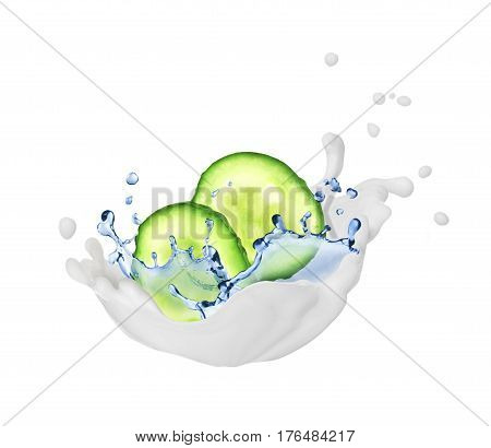 Fresh slices of cucumber with splashes of cream and water isolated on white background