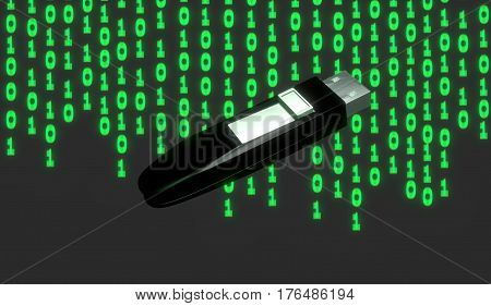 Portable USB flash drive in front of falling binary code. Great for reminders to back up your information.