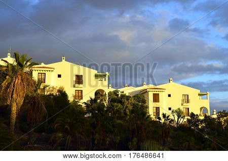 Callao Salvaje Tenerife Canary Islands Spain Europe - June 16 2016: Callao Salvaje modern apartments in Tenerife with storm clouds