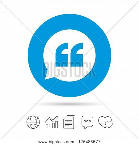 Quote sign icon. Quotation mark in speech bubble symbol. Double quotes. Copy files, chat speech bubble and chart web icons. Vector