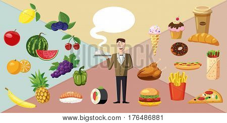 Food horizontal banner concept waiter. Cartoon illustration of food vector horizontal banner concept for web