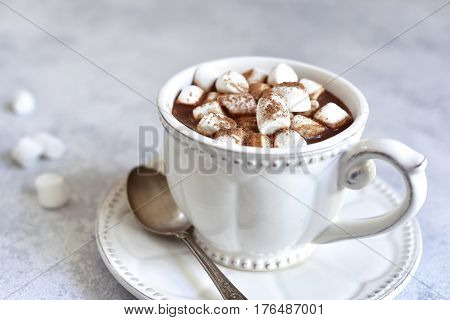 Hot Chocolate With Mini Marshmellow In A White Vintage Cup.