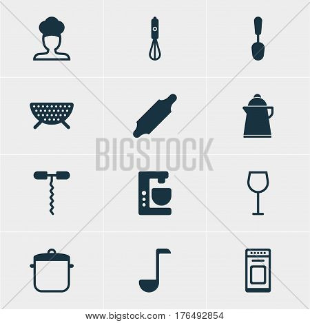 Vector Illustration Of 12 Kitchenware Icons. Editable Pack Of Oven, Bakery Roller, Wine And Other Elements.