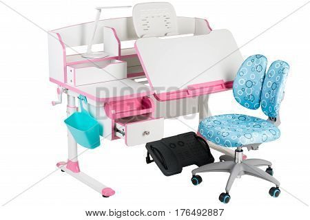 Blue chair pink school table blue basket desk lamp and black support under legs on the white isolated background.