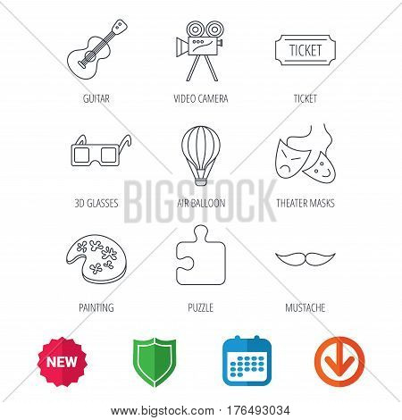 Puzzle, guitar music and theater masks icons. Ticket, video camera and 3d glasses linear signs. Entertainment, painting and mustache icons. New tag, shield and calendar web icons. Download arrow