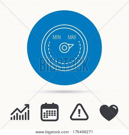 Heat regulator icon. Radiator thermometer sign. Calendar, attention sign and growth chart. Button with web icon. Vector