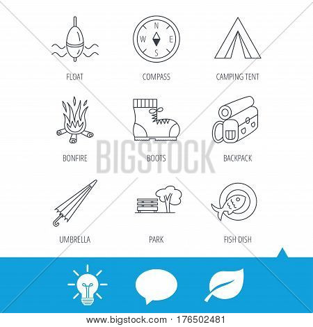 Park, fishing float and hiking boots icons. Compass, umbrella and bonfire linear signs. Camping tent, fish dish and tree icons. Light bulb, speech bubble and leaf web icons. Vector