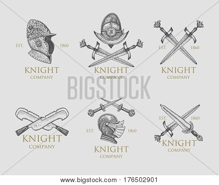 Set of monochrome knights emblems, badges, labels and logos midieval helmet, swords, mace, daggers shield antique vintage symbol , engraved hand drawn in sketch or wood cut style, old looking retro.