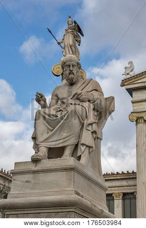 Plato and Athena statues in front of Academy of Athens, Attica, Greece
