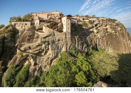 Amazing panorama of Holy Monastery of Great Meteoron in Meteora, Thessaly, Greece