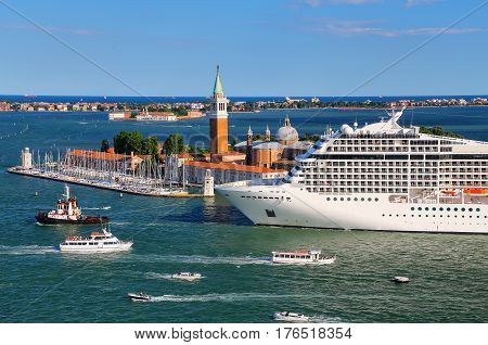 Cruise Ship Moving Through San Marco Canal In Venice, Italy