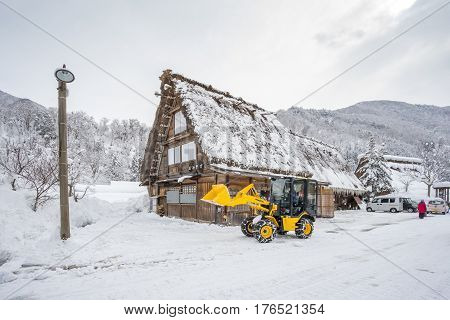 Shirakawa, Japan - 14 FEB 2017: Traditional Gusso farmhouse at Shirakawa go village, Japan.Winter in Shirakawa-go Japan