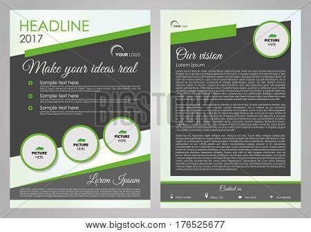 Vector flyer, corporate business, annual report, brochure design and cover presentation with green circle. Front page and back page.