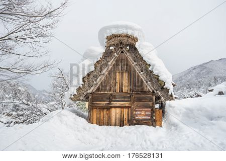 Shirakawa, Japan - 14 FEB 2017: Traditional Gusso farmhouse at Shirakawa go village, Japan.Winter in Shirakawa-go Japan