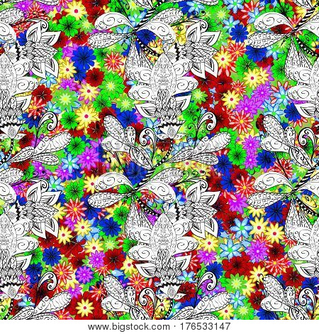 Seamless pattern with flowers on motley background. Vector illustration of colorful flowers.