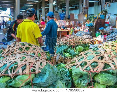 BANGKOK THAILAND - JANUARY 18 2014: Vegetables market or Pak Khlong Talat market. Bangkok, Thailand