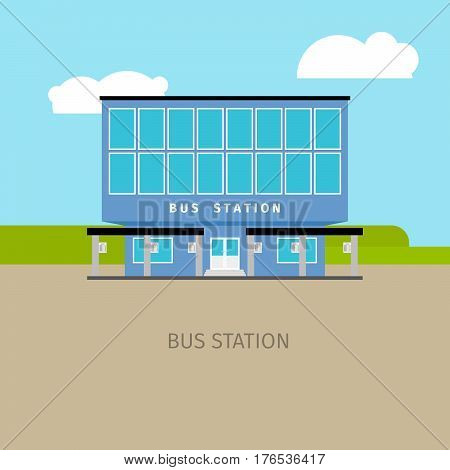 Colored bus station building with sky and clouds, vector illustration