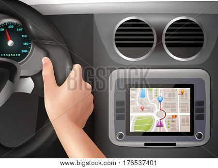 Realistic vector illustration of driver hands holding steering wheel with gps navigator in  cockpit car panel