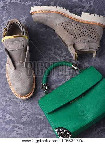 Small Womans Leather Green Bag And Grey Suede Boots