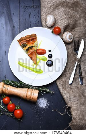 Pizza Slice With Pepperbox And Saltcellar, Cherry Tomato On Burlap