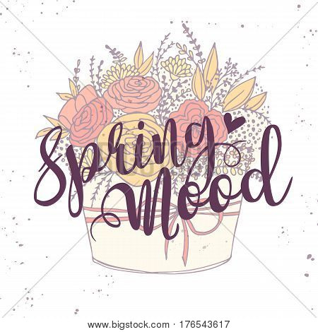 vector card with spring words festive holiday flower bouquet with roses Hawaiian flowers twigs leaves and bow in the box on chalkboard. Hand-drawn vintage style. Design greeting card and invitation.