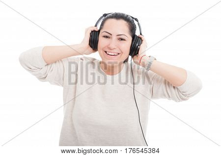 Smiling Young Woman.listening Music With Headphones