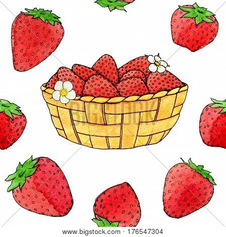 Hand drawn watercolor strawberries in the basket seamless pattern