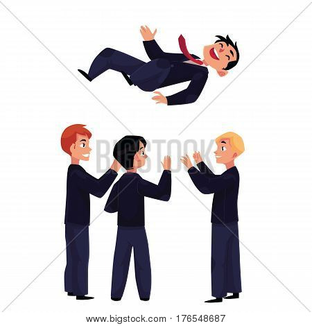 Happy businessmen, business men throwing up their leader, boss, coworker in air celebrating career success, cartoon vector illustration isolated on white background. Businessmen celebrating success
