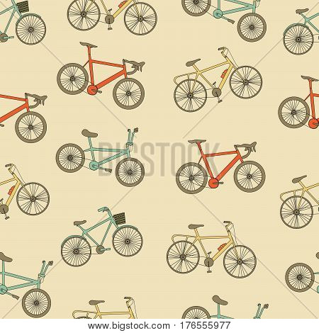 Bikes seamless pattern. Vintage color icons. Vector background.