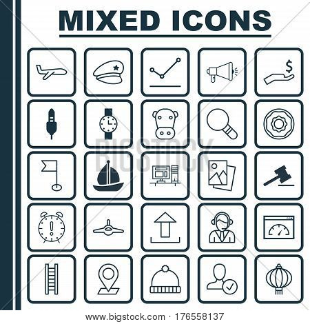 Set Of 25 Universal Editable Icons. Can Be Used For Web, Mobile And App Design. Includes Elements Such As Aux Cord, Computer, Traditional Lamp And More.