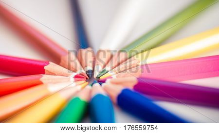 Close up macro shot of sharp colorful pencils